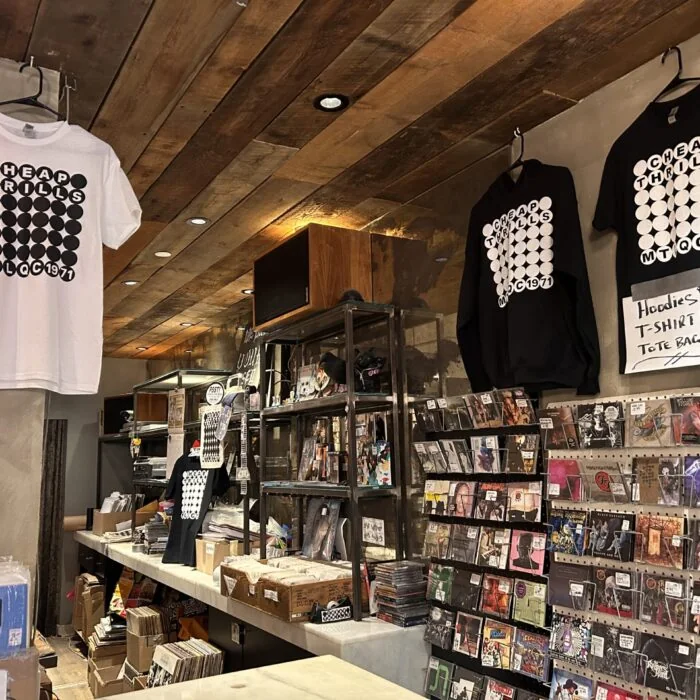 Cheap Thrills hoodies and t-shirts over the CD racks